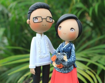 Wedding cake topper, Hanbok and Barong with puppy and Korean ducks, Korean and Filipino wedding clay miniature