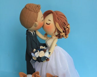 Kissing wedding cake topper, Wedding cake topper with pet, clay figures