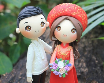 Barong and Ao dai wedding cake topper clay doll, Philippine and Vietnam wedding- CLEARANCE