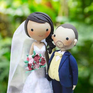 Tall bride short groom wedding cake topper, Yellow wedding theme, Black wedding theme, Personalized wedding cake topper image 1