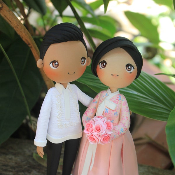 Korea and Filipino wedding cake topper, Hanbok & Barong wedding cake topper, pastel pink wedding theme, custom anniversary wedding gift