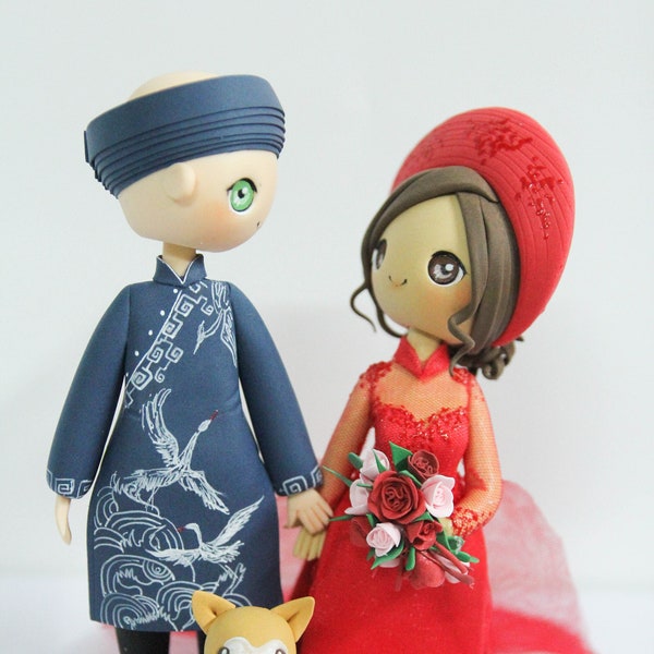 Red & Blue Ao dai wedding cake topper, Vietnamese bride and American groom cake topper, Custom wedding cake topper with a dog clay figurines