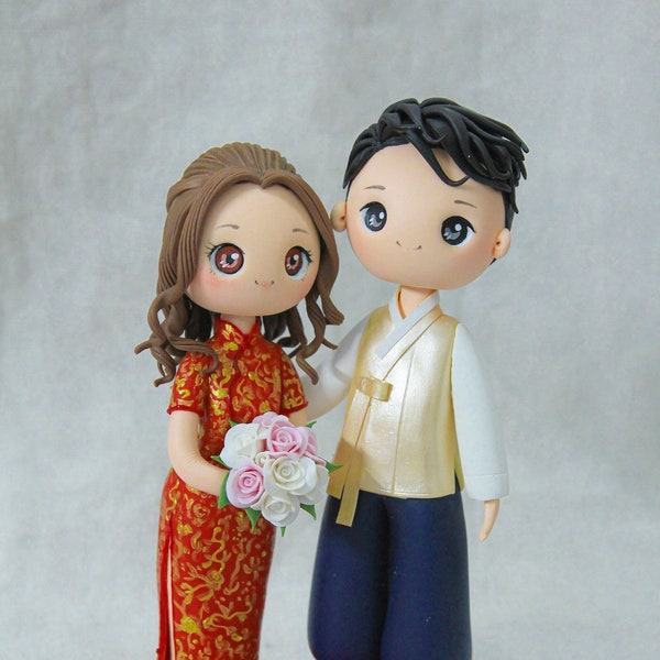 Chinese and Korean wedding cake topper, Qipao bride & Hanbok groom wedding cake topper, Red Wedding Theme, Gold Blue wedding theme