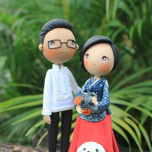 Wedding cake topper, Hanbok and Barong with puppy and Korean ducks, Korean and Filipino wedding clay miniature