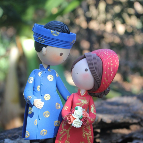 Ao dai wedding cake topper, Traditional Vietnam wedding cake topper, Blue & Red Ao dai Cake topper, Bride and groom wedding cake decor