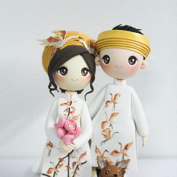 Vietnam wedding cake topper with dog, Gold Ao dai bride and groom cake topper, Crane ao dai couple cake topper, Custom Mr & Mrs cake topper