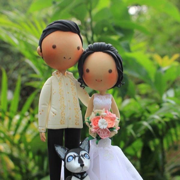 Barong wedding cake topper, Filipino wedding cake topper, Philippine Bride & Groom with dog wedding cake topper, Dog wedding cake topper,