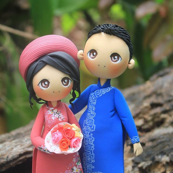 Vietnam wedding cake topper, Traditional Ao dai bride and Modern ao dai groom wedding topper pink floral ao dai cake topper anniversary gift