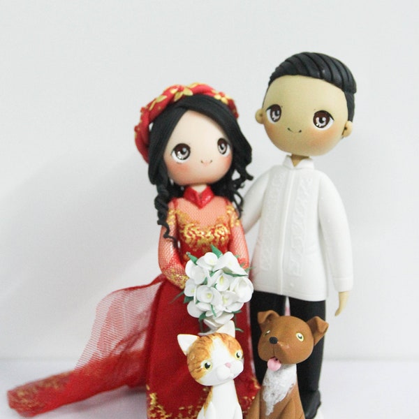 Vietnam bride and Filipino groom wedding cake topper, Ao dai & Barong wedding cake topper with cat and dog, Handmade clay figurine topper