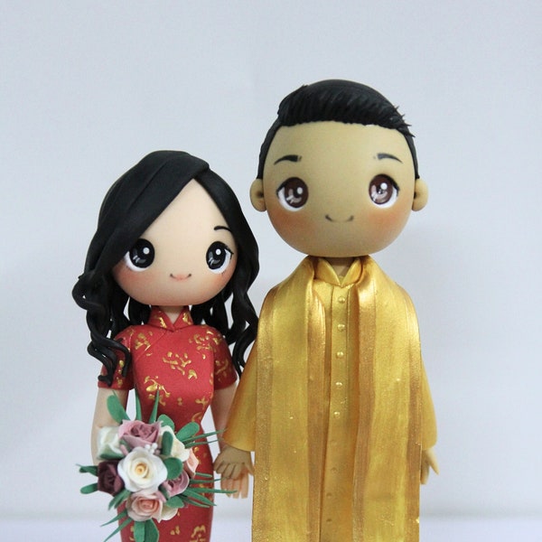 Chinese & Indian wedding cake topper, Qipao wedding cake topper, red gold wedding theme, custom anniversary cake topper, holding hand coupe