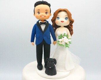 Personalized wedding cake topper with dog, Bride & groom cake topper with dog, Mermaid wedding dress clay figurine, wedding anniversary