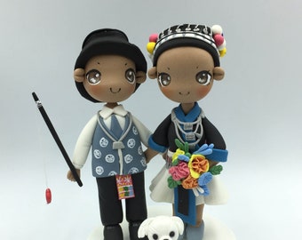 Fishing wedding cake topper, Hmong wedding cake topper, Ethnic wedding cake topper, bride and groom cake topper for wedding with a dog