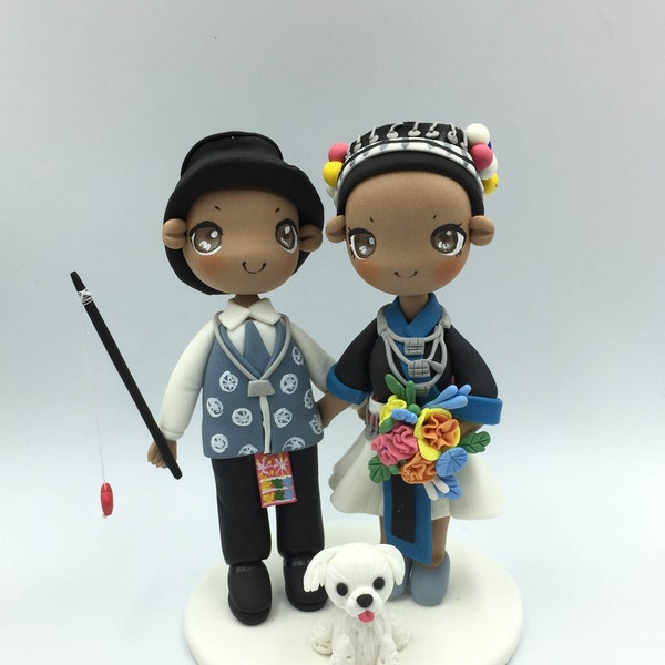 Fishing wedding cake topper, Hmong wedding cake topper, Ethnic wedding cake topper, bride and groom cake topper for wedding with a dog