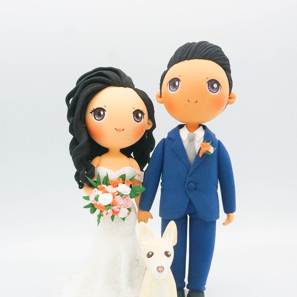 Sweet wedding cake topper with dog, Custom bride and groom with a dog cake topper, unique wedding cake topper, custom anniversary gift