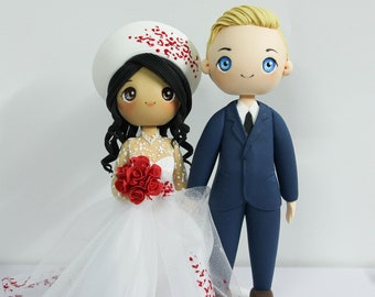 Interracial wedding cake topper, Vietnam bride and America groom wedding cake topper, Modern Ao dai figurine, Red wedding theme