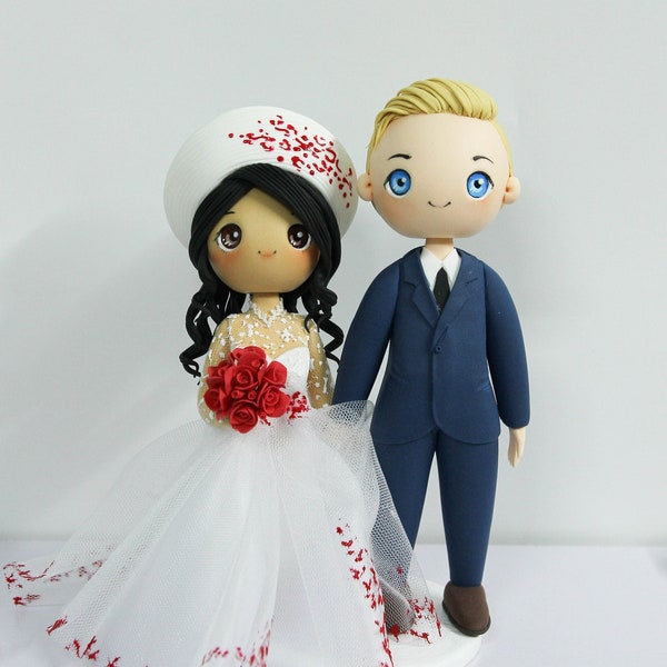 Interracial wedding cake topper, Vietnam bride and America groom wedding cake topper, Modern Ao dai figurine, Red wedding theme