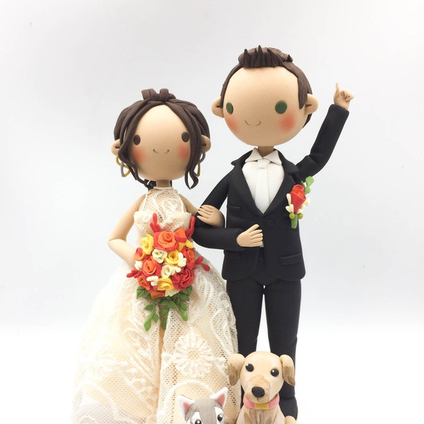 She said yes wedding cake topper, Custom Bride & Groom Wedding Cake Topper with Dogs, Halter Neck Wedding Dress, Autumn Fall Wedding