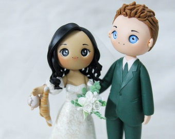 Unique Cat dangling Bride & groom wedding cake topper, Mixed race wedding cake topper, beautiful bridal gown wedding dress figurine