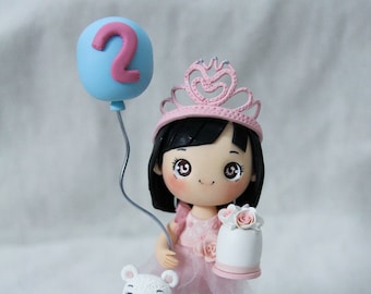 Custom 2nd birthday cake topper, Birthday girl cake topper, pink birthday girl with stuffed bear figurine, Gift from grandma, gift from mom