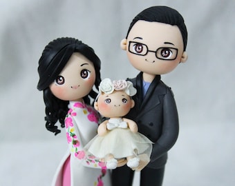 Family Cake Topper with kid, Ao dai Wedding Cake Topper, Couple Cake Topper with kid, Family Wedding Cake Topper, Vietnam Family Cake Topper