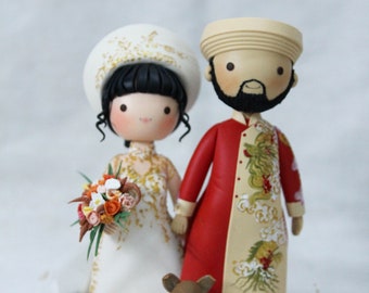 Ao dai wedding cake topper, Gold & Red Wedding Theme, Traditional Vietnam wedding cake topper, Bride and Groom With a Dog in Ao dai Figurine