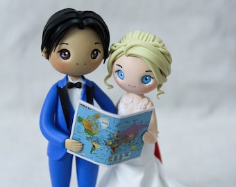 Travel themed Wedding Cake Topper, Destination Wedding Cake Topper, Mixed Race Couple Cake Topper, Japanese wedding theme