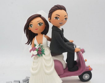 Bride & Groom on Vespa wedding cake topper, Customized Wedding cake topper, Mauve wedding theme