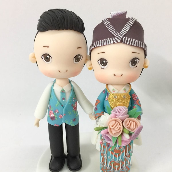 Mini Hmong bride & groom wedding cake topper, Mien wedding cake topper, Hmong wedding topper, Light Blue Wedding Theme, Anniversary Topper