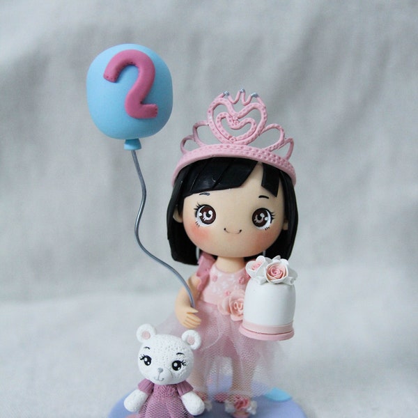 Custom 2nd birthday cake topper, Birthday girl cake topper, pink birthday girl with stuffed bear figurine, Gift from grandma, gift from mom