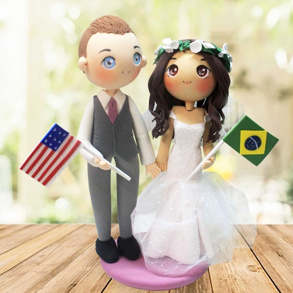 Brazilian bride and American groom custom wedding cake topper, interracial wedding cake topper, Boho wedding cake topper, purple theme