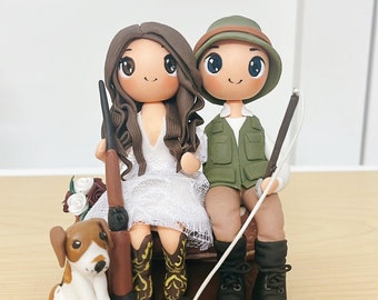 Hunting wedding cake topper, Fishing wedding cake topper, Hunter bride Fishing lover groom cake topper, Bride & Groom with dog cake topper