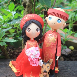 Vietnam traditional wedding cake topper, Red ao dai bride & groom wedding topper, mixed race couple wedding figurine, Anniversary gift idea
