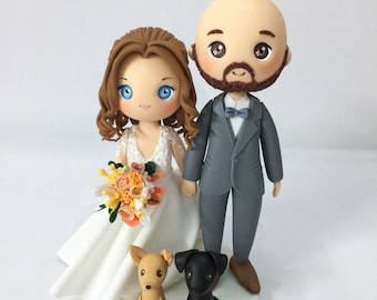 Wedding cake topper Bald head groom & Short Hair bride, Custom Bride and Groom with dogs wedding cake topper, beautiful lace bridal dress