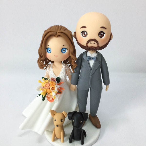 Wedding cake topper Bald head groom & Short Hair bride, Custom Bride and Groom with dogs wedding cake topper, beautiful lace bridal dress