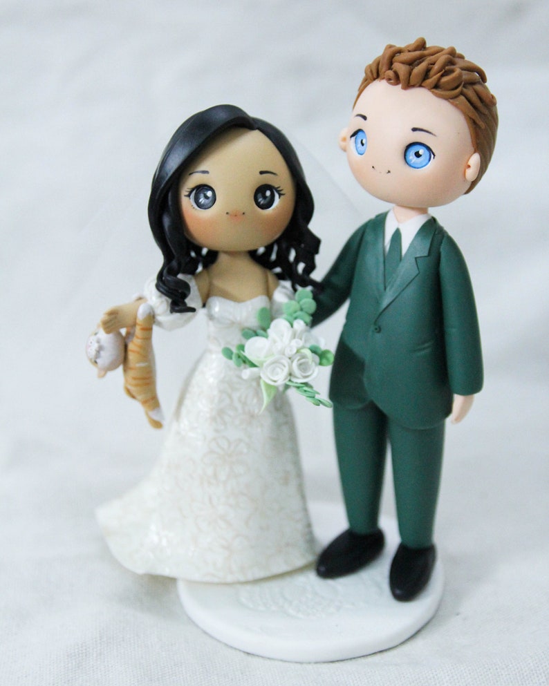 Unique Cat dangling Bride & groom wedding cake topper, Mixed race wedding cake topper, beautiful bridal gown wedding dress figurine image 1