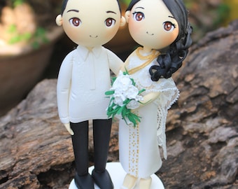 Cambodian and Philippine wedding cake topper clay doll, Khmer and Barong wedding costume clay miniature