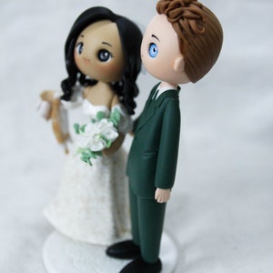 Unique Cat dangling Bride & groom wedding cake topper, Mixed race wedding cake topper, beautiful bridal gown wedding dress figurine image 2