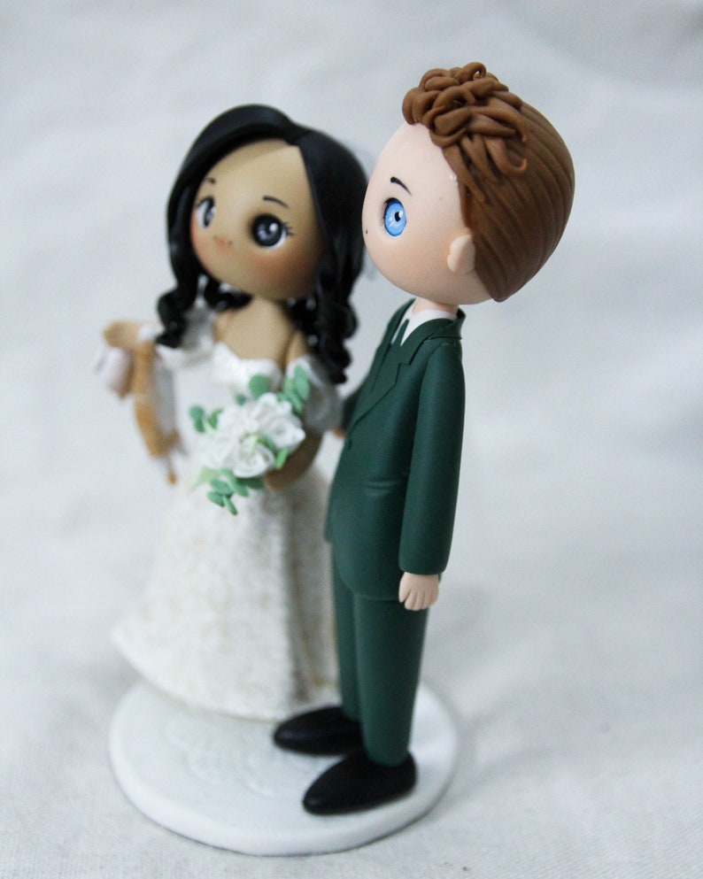 Unique Cat dangling Bride & groom wedding cake topper, Mixed race wedding cake topper, beautiful bridal gown wedding dress figurine image 2