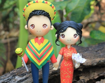 Mexican and Chinese wedding cake topper, Interracial bride & groom wedding, unique wedding cake topper, Red and yellow wedding theme