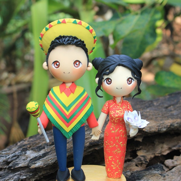 Mexican and Chinese wedding cake topper, Interracial bride & groom wedding, unique wedding cake topper, Red and yellow wedding theme