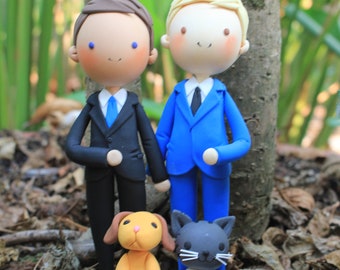 Gay wedding cake topper with dog clay doll, wedding centerpiece clay miniature, groom cake topper, anniversary gift