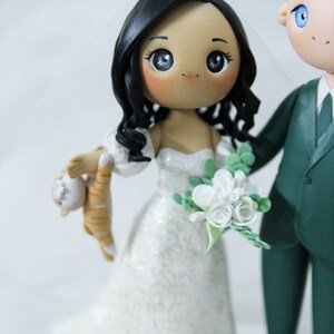 Unique Cat dangling Bride & groom wedding cake topper, Mixed race wedding cake topper, beautiful bridal gown wedding dress figurine image 5