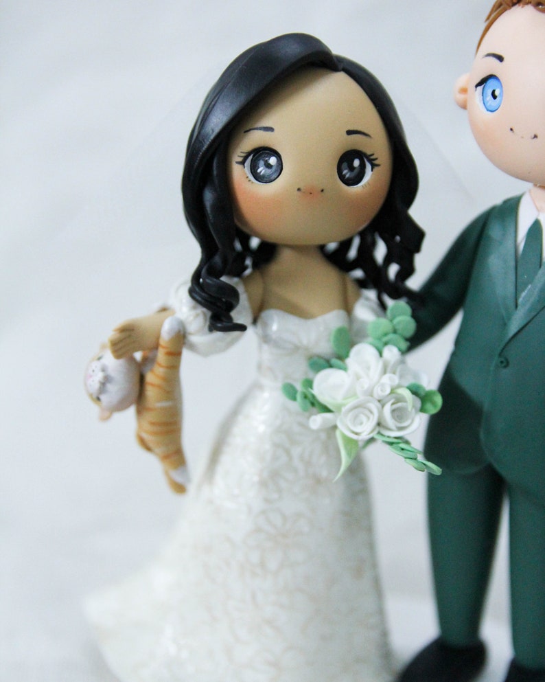 Unique Cat dangling Bride & groom wedding cake topper, Mixed race wedding cake topper, beautiful bridal gown wedding dress figurine image 5