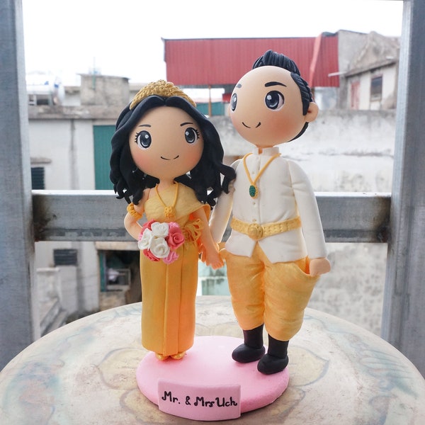 Cambodian wedding cake topper clay doll, traditional wedding costume clay miniature