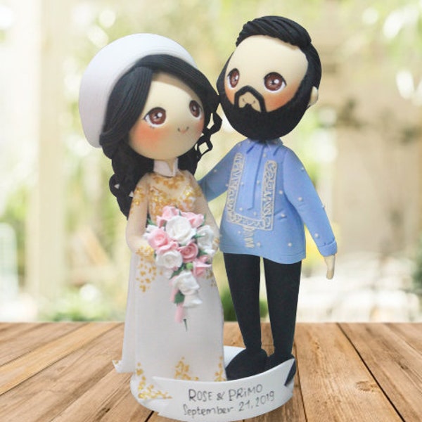 Filipino and Vietnam wedding cake topper, Ao dai and Barong wedding cake topper, ethnic bride & groom topper, pink and blue wedding theme