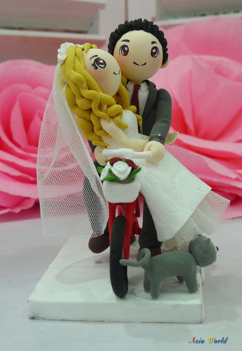 Bicycle wedding cake topper clay doll with 2 lovely cat ...