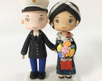 Army Groom & Hmong bride wedding cake topper, Interracial wedding cake topper, Mien bride and American groom cake topper, Soldier wedding