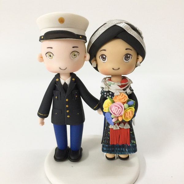 Army Groom & Hmong bride wedding cake topper, Interracial wedding cake topper, Mien bride and American groom cake topper, Soldier wedding