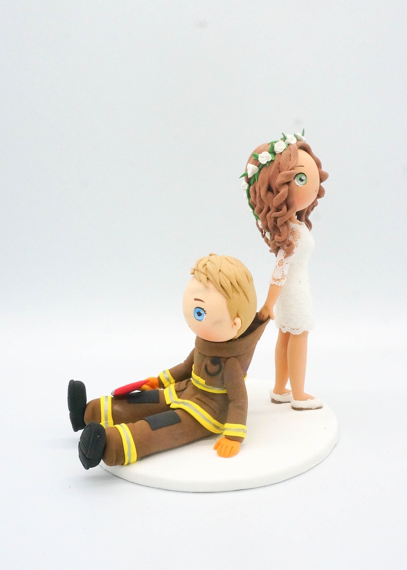 Firefighter wedding cake topper, Lesbian wedding topper, Funny wedding cake topper, Bride & Bride clay figurine, custom wedding gift image 1