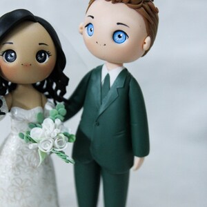 Unique Cat dangling Bride & groom wedding cake topper, Mixed race wedding cake topper, beautiful bridal gown wedding dress figurine image 6